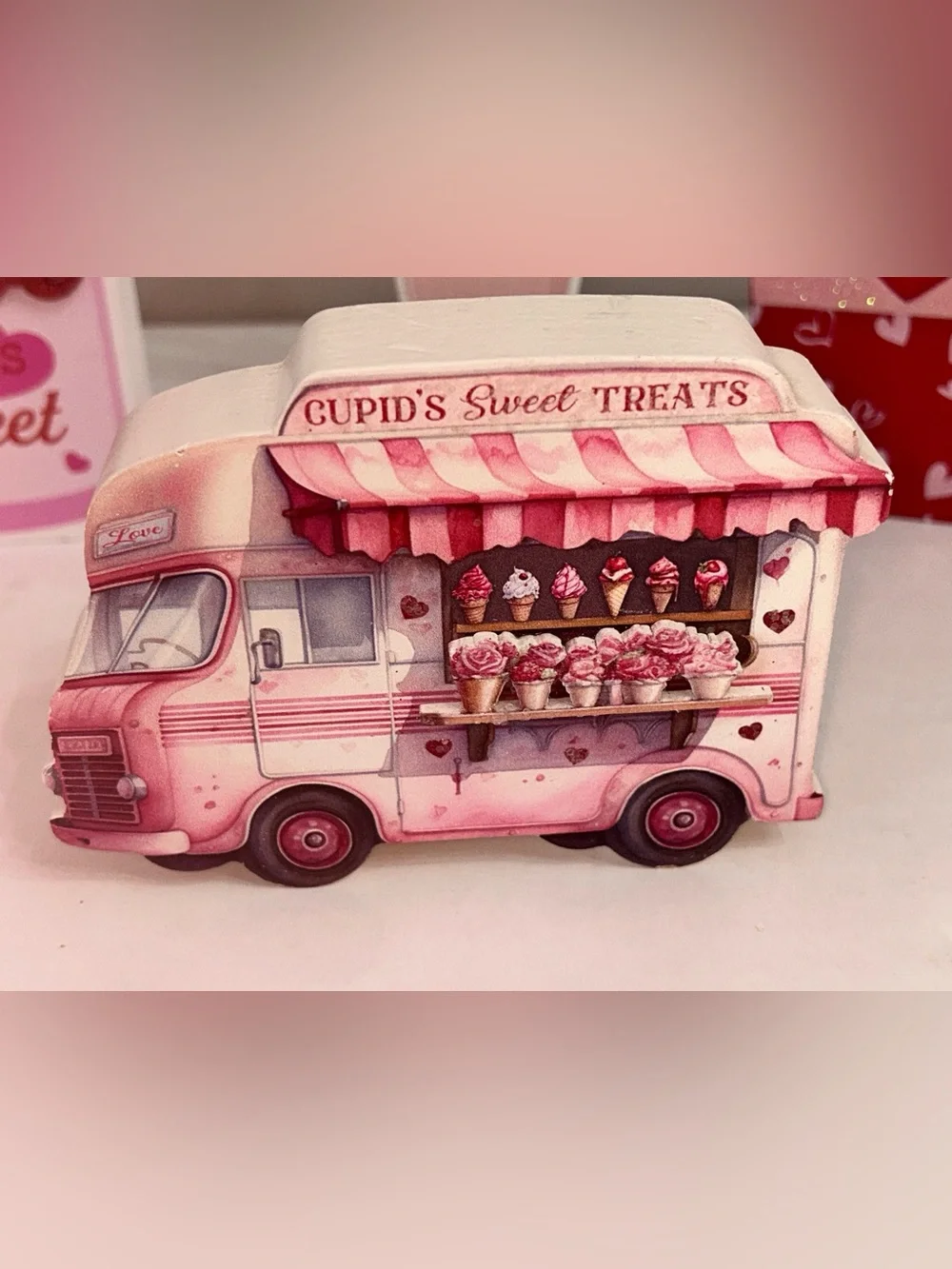 The Spring Shop Pink & Red Valentine Dessert Truck and Treat Tabletop Set wooden